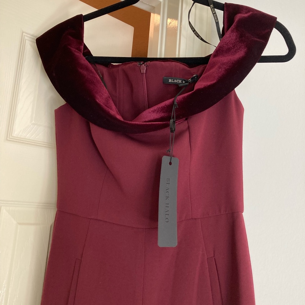 Black Halo jumpsuit. Adorable! Color of the season! Burgandy. Velvet trim - Picture 2 of 6